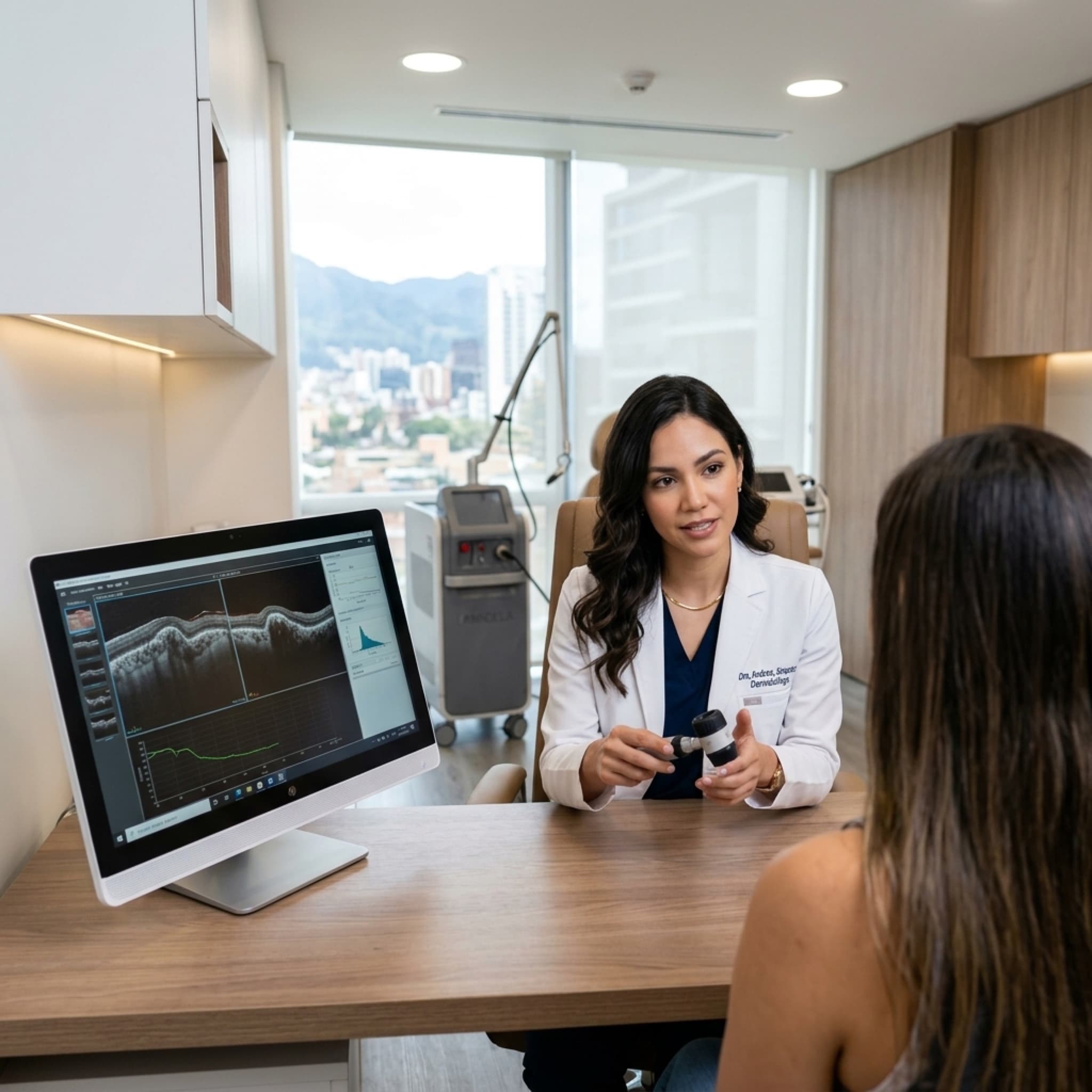 Dra. Jiménez en consulta dermatológica con paciente